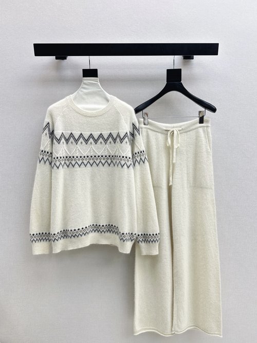 Loro Piana Fair Isle Knit Set: Sweater and Straight - Leg Pants, Simple and Sophisticated