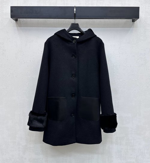Fendi Hooded Wool Blend Coat with Removable Cuffs and Leather Pocket Accents