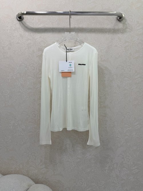 Miu Miu Micro-logo Embroidered Tencel Wool Long-sleeved Top for Comfort
