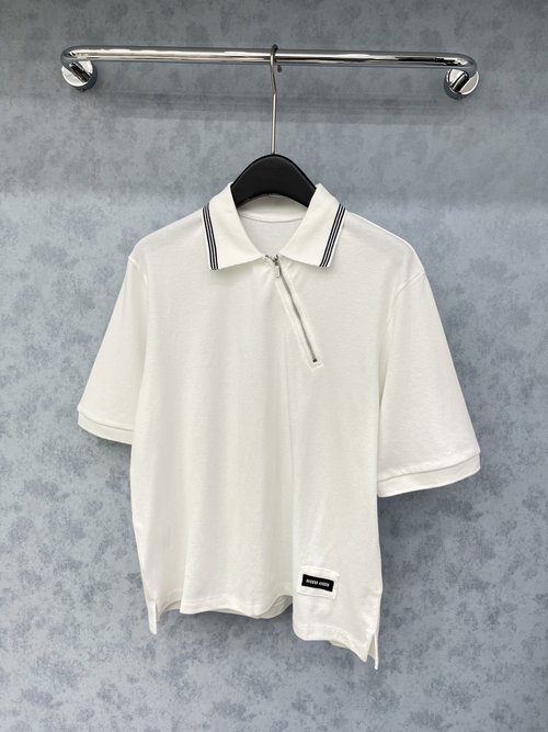 Miu Miu Original Style Collared Zip-Up Short Sleeve Tee with Fashionable Elements