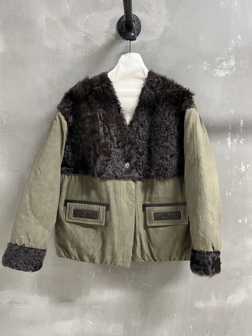 Miu Miu Elegant Down Jacket Crafted from Leather, Tencel and Cotton