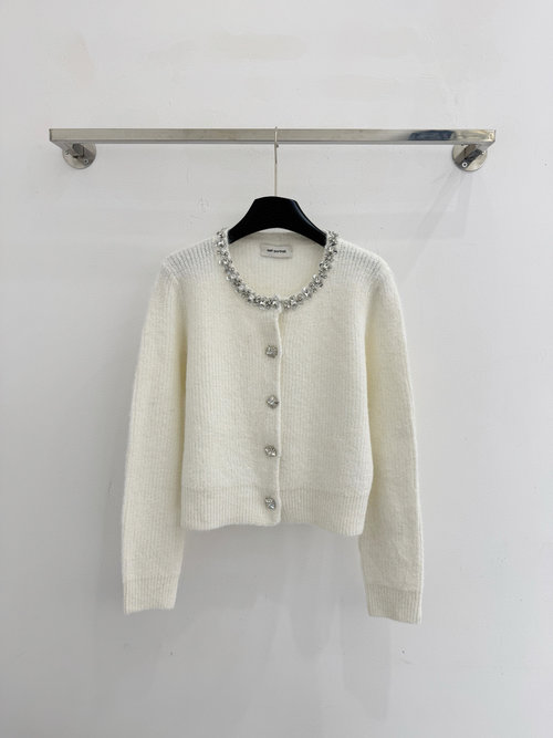 Self-Portrai Elegant Plain Knit with Sparkling Collar and Buttons