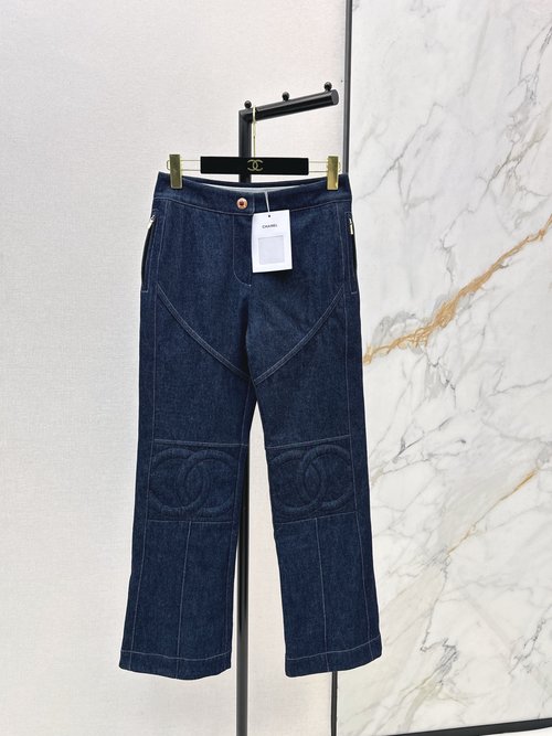Chanel Denim Ski Pants with Logo Waistband and Double-Knee Design