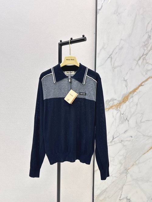 Miu Miu Retro Sophisticated Style Half-Zip Sweater in Navy Blue