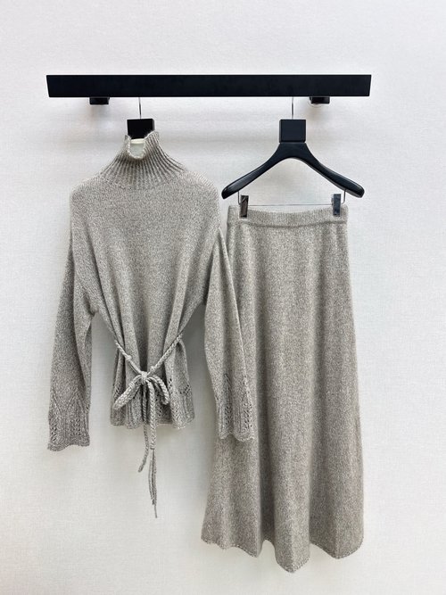 Brunello Cucinelli Knit Set Comprising Hand-Hooked High Neck Sweater and Elastic Waist Skirt