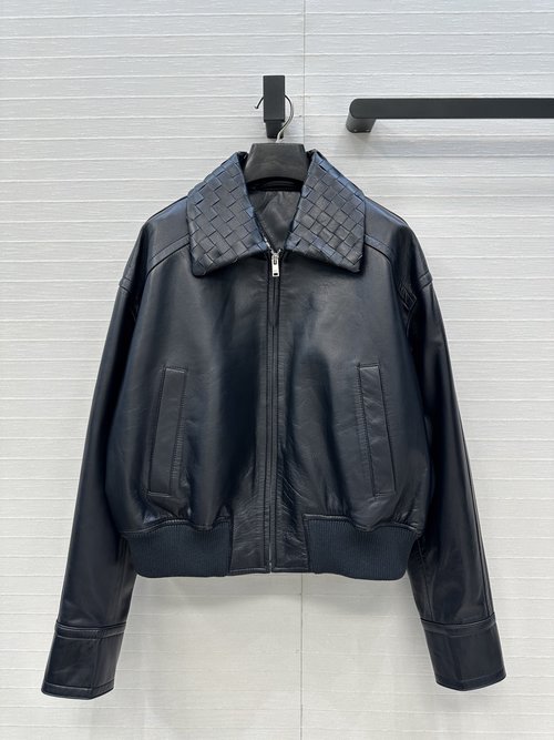 Bottega Veneta Retro Woven Collar Leather Jacket