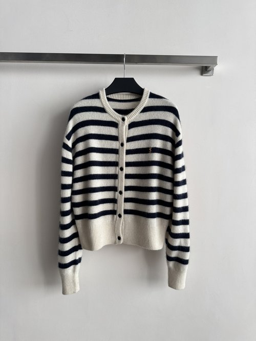 Yves Saint Laurent Stylish Cashmere-blended Retro Striped Cardigan with Single-row Buttons
