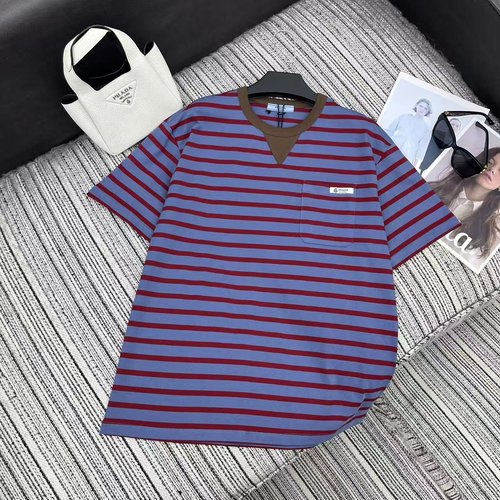Prada Custom Cotton Striped Short-Sleeve T-Shirt with Pocket