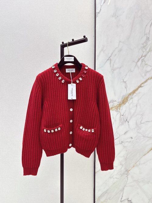 Thom Browne Water Diamond Decorated Round Neck Knit Cardigan in 100% Wool, Timeless Design