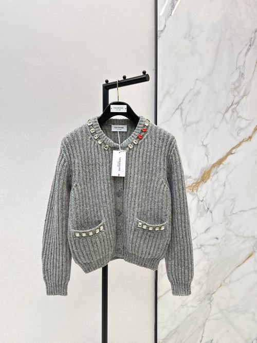 Thom Browne Water Diamond Decorated Round Neck Knit Cardigan in 100% Wool, Timeless Design