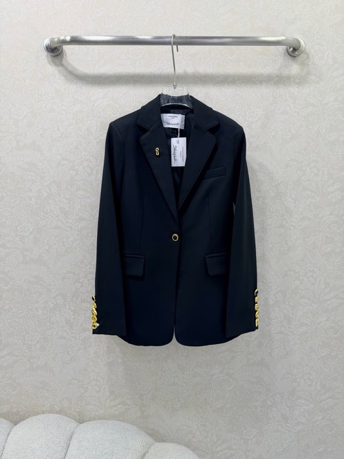 Schiaparelli Notched Lapel Minimalist Blazer with Customized Cuff Hardware for a Stylish Look