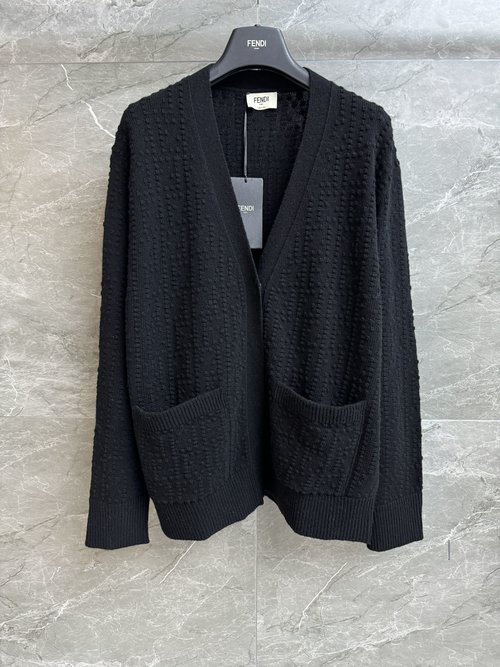 Fendi Black Wool and Cashmere Cardigan with FF Jacquard Design