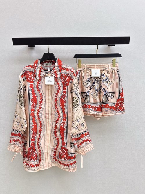 Hermes French Riviera Scarf Painting Print Silk Blouse with Tie-Opening Sleeves