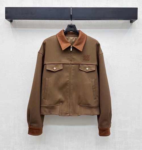 Miu Miu Suede-spliced Jacket with Engraved Zipper and Logo