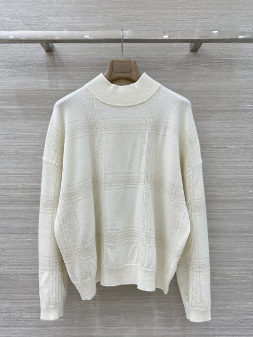 Brunello Cucinelli High-End Ready-to-Wear Italian Checked Beaded Cashmere Sweater