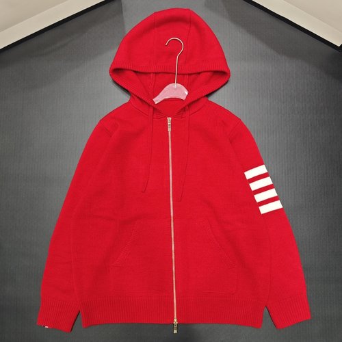 Thom Browne Christmas Red Hooded Cardigan with Dog Embroidery and Golden Zipper