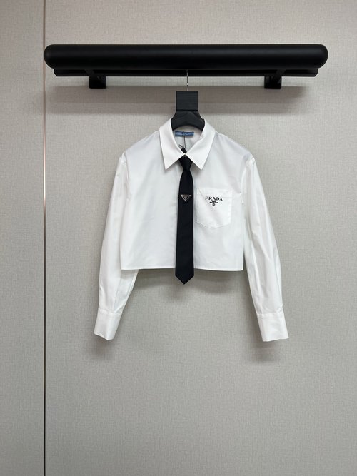 Prada Simple Short-Sleeved Shirt with Pocket Print & Tie, Versatile