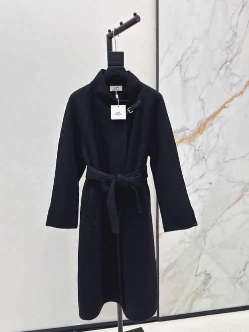 Hermes High-end Stand-up Collar Coat with Lace Embroidery and Elegant Look