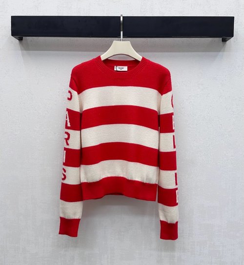 Celine Imported Wool Knit Striped Sweater with Letter Emblem