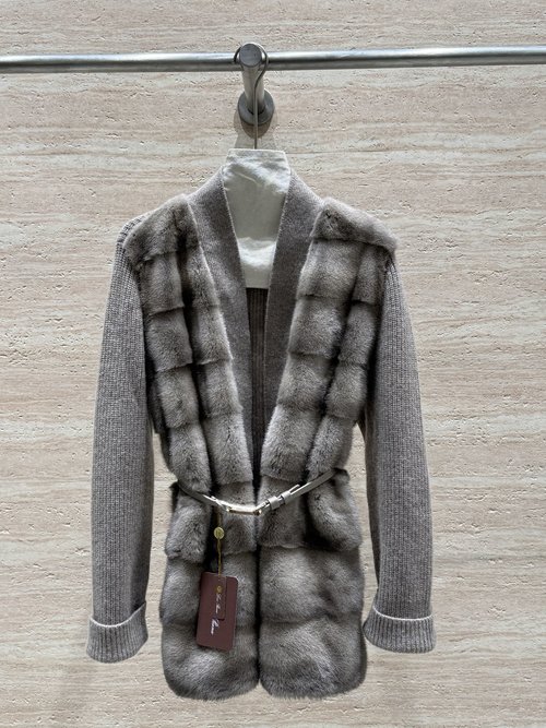Loro Piana Mink and Cashmere Robe-Style Long Coat with Classic Horizontal Pattern