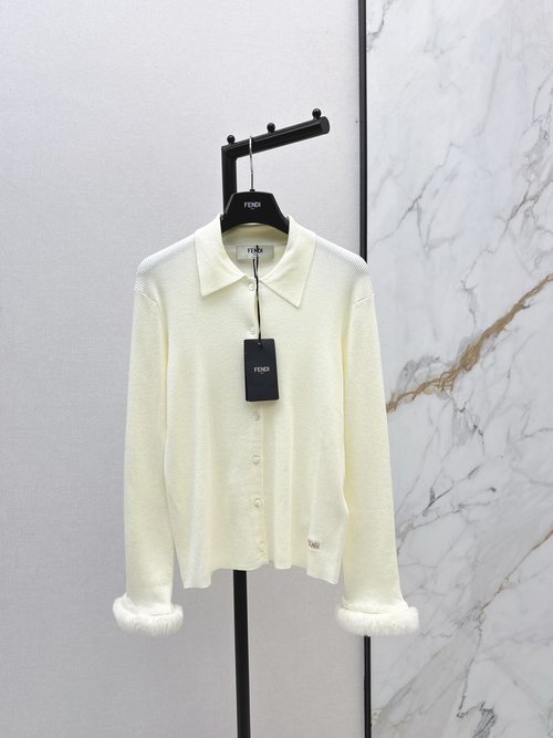 Fendi Cream Wool Blend Cardigan with Shirt Collar, Sophisticated and Versatile