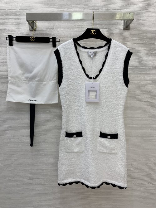 Chanel Custom Knit Sleeveless Dress with Contrast Edge and Logo Bag