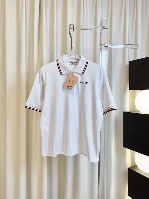 Miu Miu Logo College-Style Pique Cotton Polo Shirt, Slimming Fit