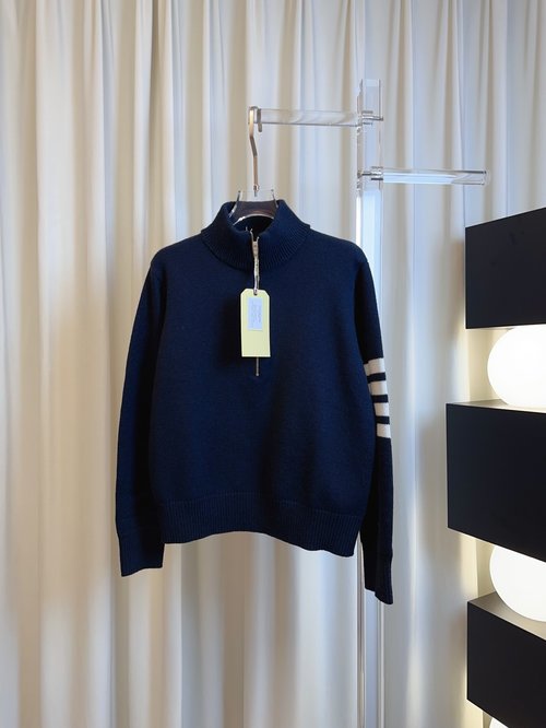 Thom Browne Four-Striped Classic Wool Half-Zip Turtleneck Top