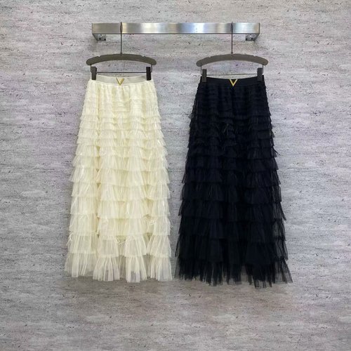 Valentino Tulle Tiered Skirt with Metal V Logo in Black & White