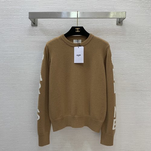 Celine Brown Knit Pullover with CELINE PARIS Lettering