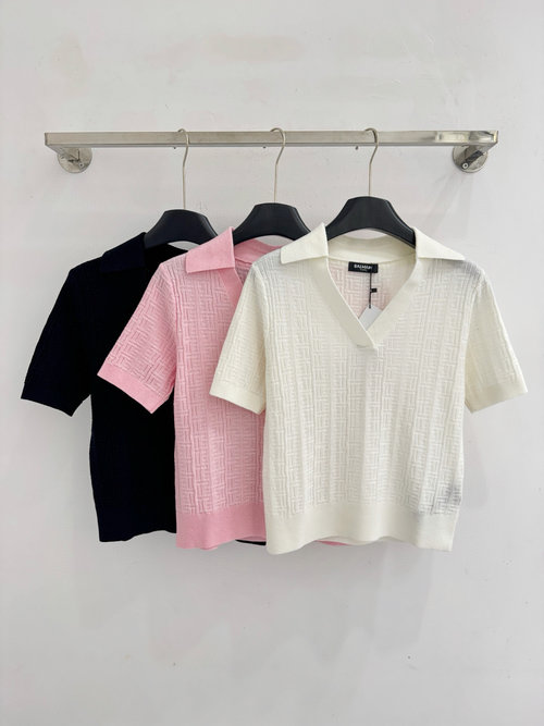 Balmain Lightweight Elegant V Neck Jacquard Short Sleeve Knit