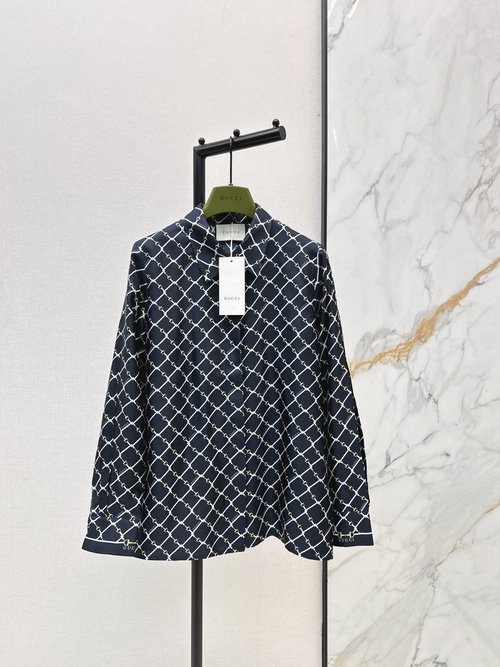 Gucci GG Saddle Buckle Checked Silk Shirt, Classic and Elegant Design