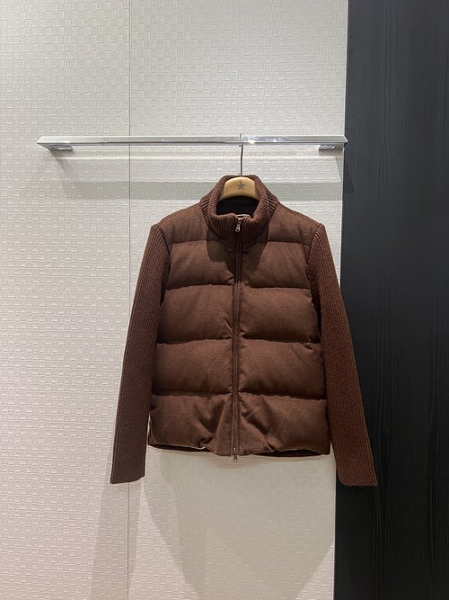 Brunello Cucinelli High Neck Wool Knit Spliced Down Jacket with Pearl Chain