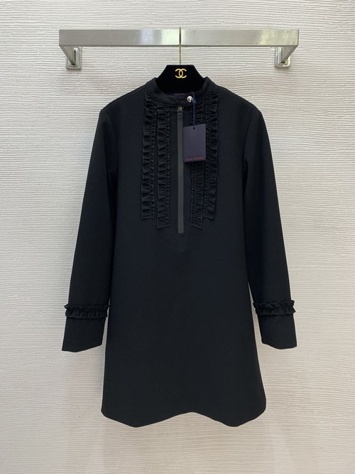 Louis Vuitton Zipper-Fronted Dress with Logo Buttons and Ruffles