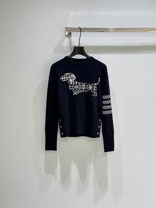 Thom Browne Holiday-Themed Wool Sweater with Dachshund Pattern