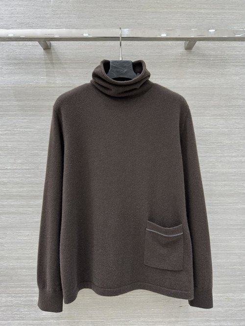 Brunello Cucinelli Exclusive Premium Cashmere High Neck Top with Chain Pocket, Elegant Design