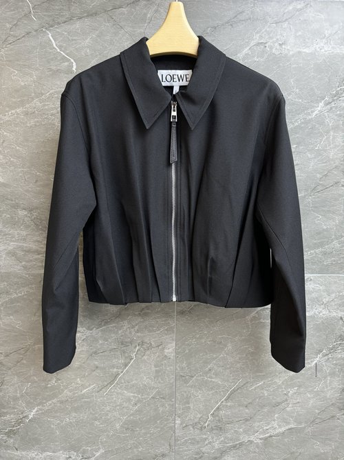 Loewe Asymmetrically Ruffled Black Woolen Jacket with Logo Label