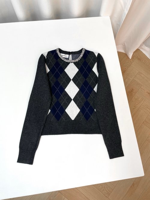 Self-Portrai Retro British Style Checked and Beaded Round Neck Knit Sweater