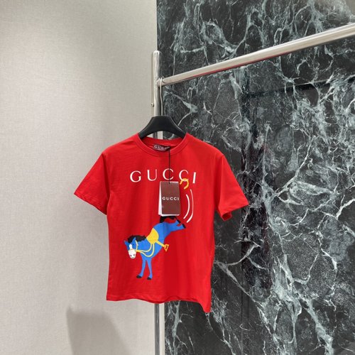 Gucci Blue Horse Short-Sleeve T-Shirt with Brand Logo, Good Luck Concept