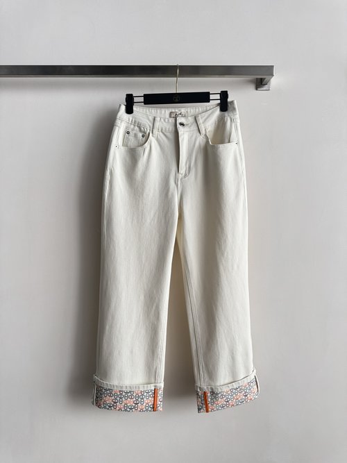 Hermes Printed and Geometric Patterned White Jeans for Fashion