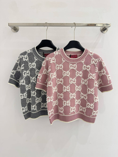 Gucci Short-Sleeve Knit Top with Diamond Double G Jacquard