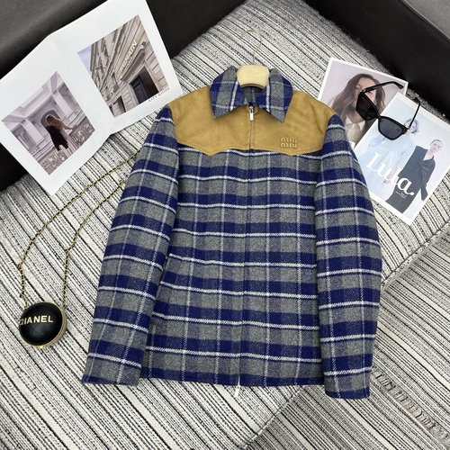 Versace Retro Blue-Gray Checked Wool Jacket with Suede Accents