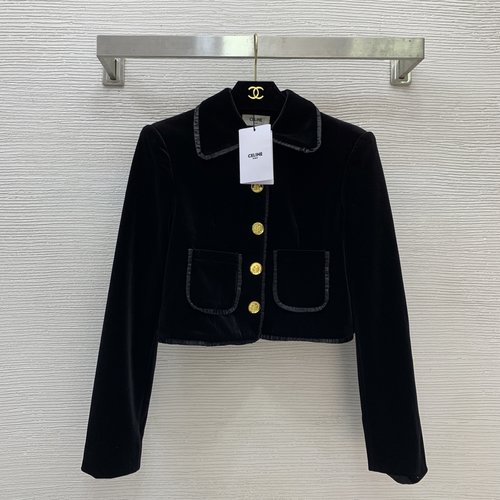 Celine Stylish Black Velvet Coat with Gold Buttons and Doll Collar