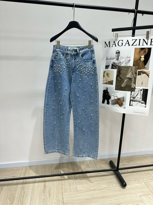 Ami High-Waisted Wide-Leg Jeans with Pearl and Rhinestone Accents