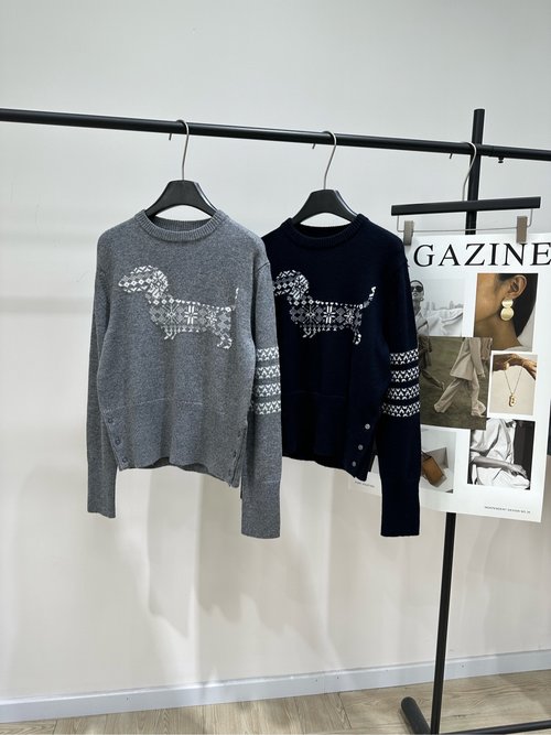 Thom Browne Soft 100% Wool Sweater with Dog Pattern and Brand Stripes