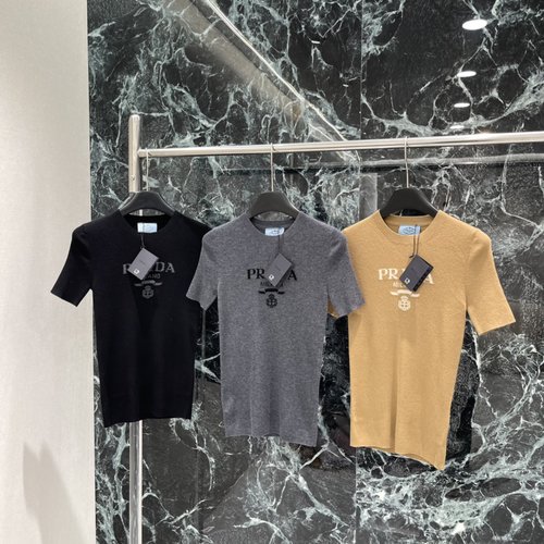 Prada Jacquard Knit Short-Sleeve Top with Contrasting Logo, Elegant and Versatile