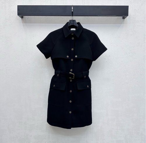 Burberry Imported Nylon Lapel Belted Dress with Split Hem and Scarf Collar