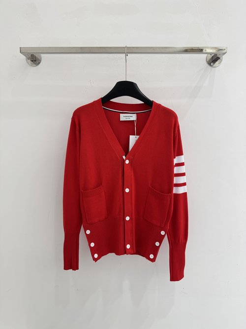 Thom Browne V-Neck Knit Cardigan with Functional Pocket and Button Detail