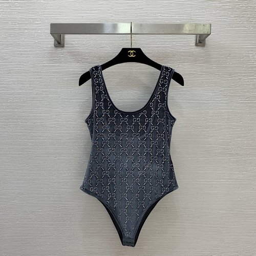 Gucci Velvet Bodysuit with GG Logo & Applied Rhinestones