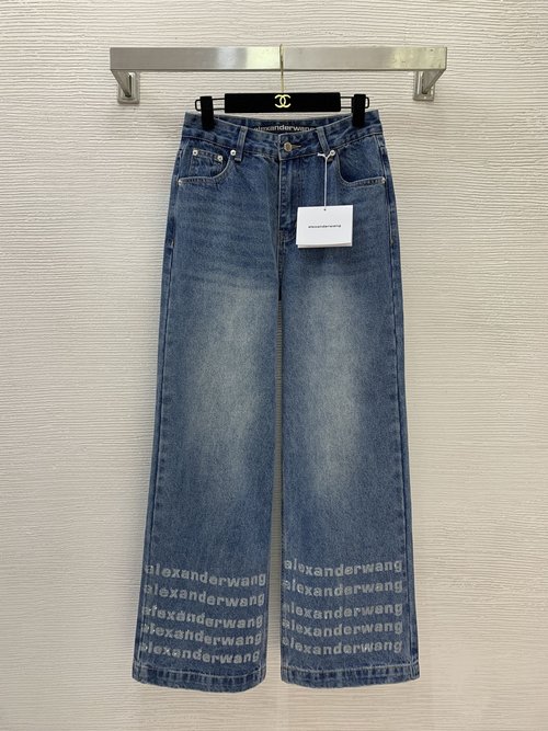 Alexander Wang High-end Denim Straight Wide-leg Jeans with Logo and Rhinestones